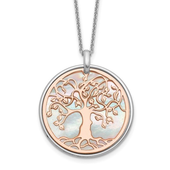 Sterling Silver & Rose-tone Mother Of Pearl Tree of Life w Necklace Chain 17.5" - Picture 1 of 5